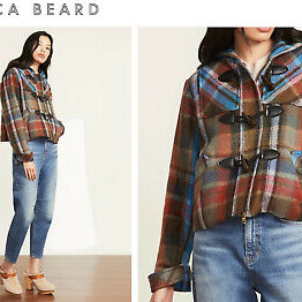 Veronica Beard 100% Wool Ianna Brown-Multi Plaid Hooded Duffle Coat/Jacket 6